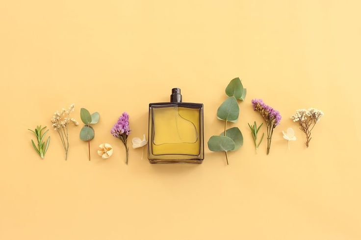 Top view of elegant perfume bottle with flowers and oud over yellow background Cosmetics fragrance and perfumery concept